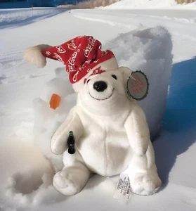 Gorra de noche blanca vintage Coca Cola oso polar bolsa de frijoles peluche 1998 con etiqueta - Imagen 1 de 4