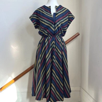 Vintage 70s Striped Dress Multicolored Elastic Waist Cotton Blend Twee Sundress - Image 1 of 4