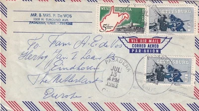 US P de Vos Pasadena California 1963 to Eindhoven Netherlands AirMail cover SA65 - Image 1 of 2