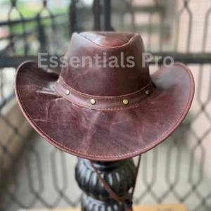 Handgefertigter brauner Leder Cowboyhut - Western Style mit Nietenband, A+ Qualität - Bild 1 von 4