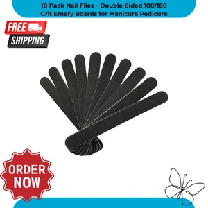10 Pack Nail Files–Double-Sided 100/180 Grit Emery Boards for Manicure Pedicure - Picture 1 of 7