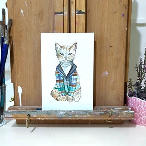Pintura Acuarela Original Moda Gato Mascota Retrato 9x6 por Jake J - Imagen 1 de 8
