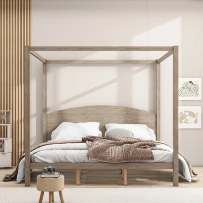 Full/Queen/King Size Canopy Platform Bed Frames with Headboard Solid Wood Beds - Image 1 of 4