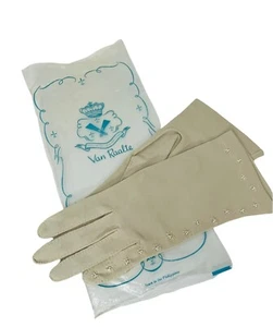Vintage Van Raalte Beige Ladies Gloves Trim with Embroidery and Beads MCM Costum - Picture 1 of 11