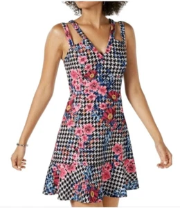 Neu mit Etikett Guess Gr. 12 Trägerkleid schwarz Hahnentritt rosa blau Blumen glänzend gold NEU - Bild 1 von 14