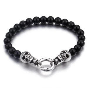 Stainless steel Black Stone Ball chain Bracelet with Skull End Jewelry for Mens - Picture 1 of 3