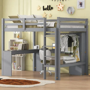 Full Size Loft Bed with L-shaped Desk, Wardrobe and Storage Shelves, Grey - Picture 1 of 12