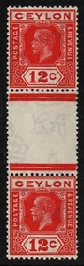 c1912 KGV Ceylon SG347b 12c Red Interpannau/Gutter Pair UNMOUNTED MINT (DE043) - Picture 1 of 1