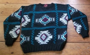 Vintage 90s Wool Sweater Thick Heavyweight Hippie Aztec Design Gray Medium Men - Picture 1 of 11