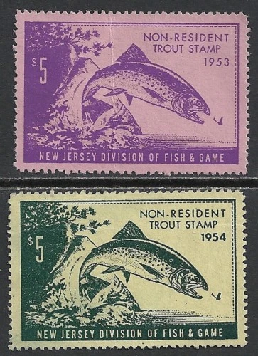 Estampillas de trucha de $5 de Nueva Jersey de 1954 Cenicienta UNG EN MUY BUEN ESTADO Foto 1 de 1