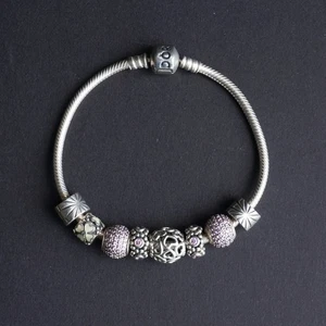 Pandora 925 Silver Charm Bracelet 6 Charms inc 2 No. Pink CZ Pave Ball Charms - Picture 1 of 6