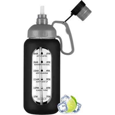 Unique Portable Glass Water Bottle W/ Wide Mouth & Time Markers BPA Free New - Image 1 of 4