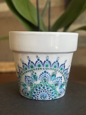 Hand painted terracotta pot. with mandala dot design. Diameter 3” x 2.75” High. - Image 1 of 4