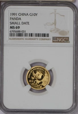 1991 Gold Panda 1/10 oz. 10 Yuan Small Date NGC MS69. Free shipping. - Image 1 of 2
