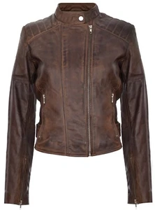 Ladies Womens Brown Real Leather Fitted Vintage Biker Style Zip Fashion Jacket - Picture 1 of 5