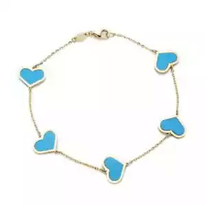 14K Solid Yellow Gold Turquoise Station Heart Bracelet - Picture 1 of 2