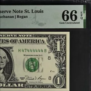 Binary Seven Of A Kind Fancy Serial Numbers 4s 7s $1 Note PMG 66 UNCIRCULATED - Picture 1 of 4