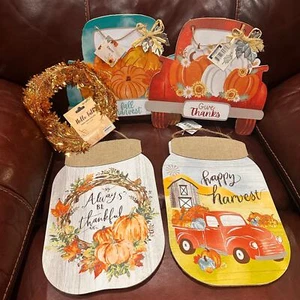 5 piezas Paquete de decoración de otoño con guirnalda de oropel de alambre dorado y letreros colgantes - Imagen 1 de 5
