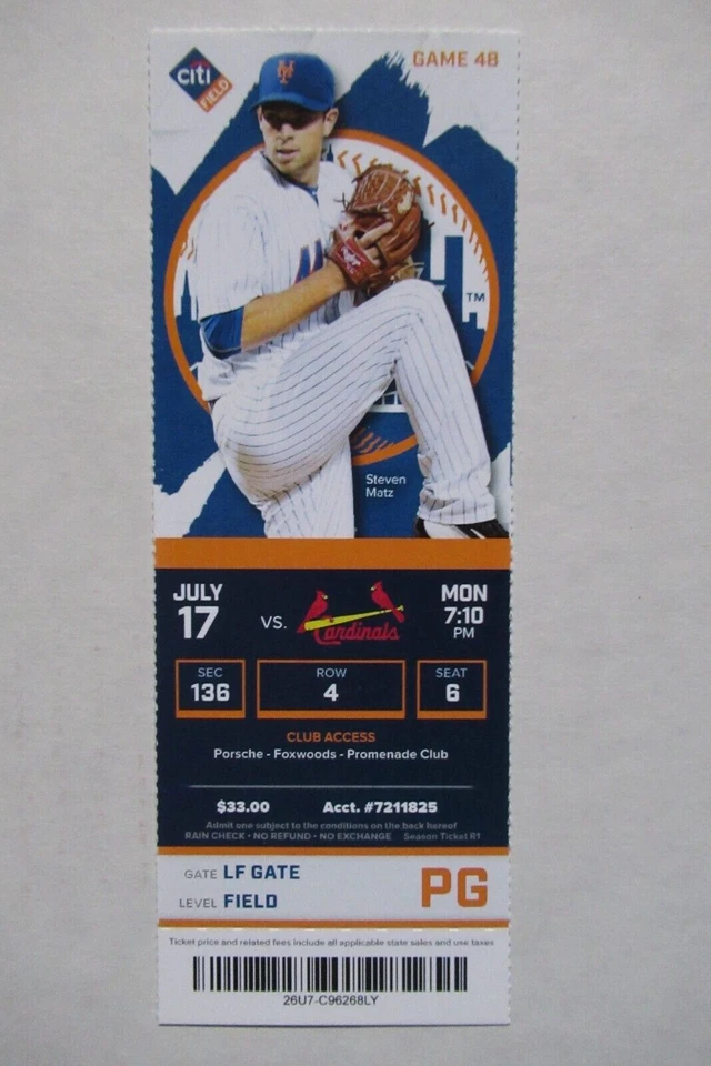 Boleto completo de los Mets de Nueva York vs Cardenales de San Luis 17/07/2017 ~ Steven Matz Foto 1 de 1