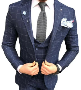 Designer Business Blau Weiß Kariert Herrenanzug Sakko Weste Hose Slimfit Slim - Bild 1 von 2