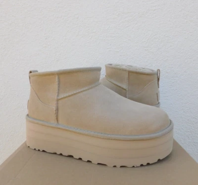 UGG MUSTARD SEED SUEDE CLASSIC ULTRA MINI 2" PLATFORM ANKLE BOOTS, US 8/ 39 ~NIB - Image 1 of 4