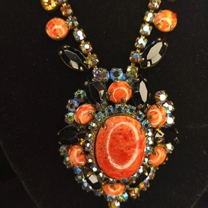 Rare JULIANA D E Coral Orange Matrix Cabochon Brown Black AB Rhinestone Necklace - Picture 1 of 24