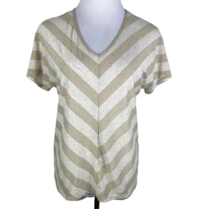 Chico's Tan Gold Metallic Chevron Striped V-Neck Blouse Women's Medium - Picture 1 of 8
