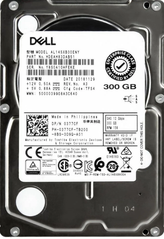 Dell 0377CF 300GB 15K SAS 12Gbps 2.5" Hard Drive AL14SXB30ENY 4z