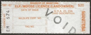 Canada 1981-82 MANITOBA Resident $20 ELK/MOOSE (Landowner) Hunting Revenue VF - Picture 1 of 2