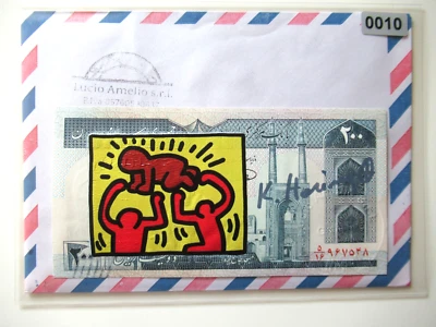 KEITH HARING: Banknote von HARING, signiert,  skizziert mit Amtl. USPS-Stempel - Bild 1 von 4