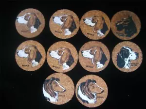 10 Vtg Cork Coasters DOGS 6 Beagle 2 Collie 1 English Setter 1 Scottish Terrier - Picture 1 of 10