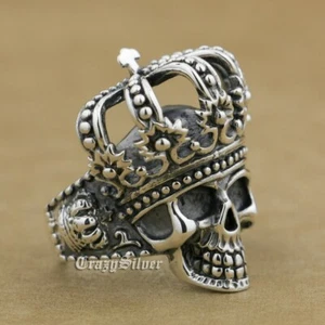Anello da uomo in argento sterling 925 corona teschio re biker punk 9W003A US 7~15 BZ - Foto 1 di 29