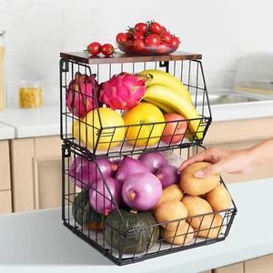 2 Tier Stackable Wall Mounted Hanging Basket, Fruit Basket for Kitchen Counter, - Picture 1 of 8