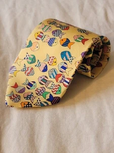 Alynn Neckwear Mens Yellow Multicolor Patchwork Fish Novelty 100% Silk Neck Tie - Picture 1 of 5