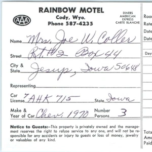 Cody, Wyoming Rainbow Motel 1975 recibo de registro efímero de colección hotel 2B - Imagen 1 de 3