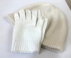 Betmar New York Beanie Cashmere Knit Hat Ivory Medium Set w/ White Knit Gloves - Picture 1 of 19