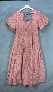 Anthropologie Puff-Sleeve Smocked Poplin Midi Dress Size Medium Red White - Picture 1 of 9