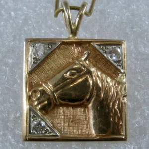 14K YG Incised Horse Head Pendant w/ Diamonds - Picture 1 of 7