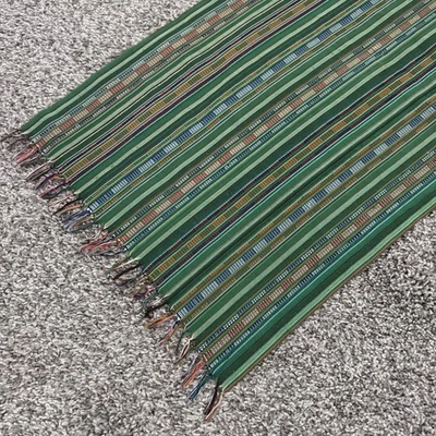 Hand Woven Table Runner Decorative Cloth Linen Green Stripe Fringe - Image 1 of 4