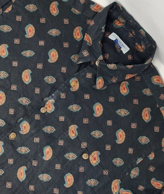 Camisa Bullock & Jones Mezcla de Lino Para Hombre Mediana Negra Cachemira AOP S/S Abotonada Foto 1 de 4