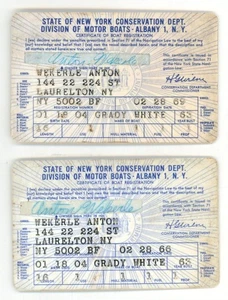 1960's 2 State of New York Boat Registration ID Card Grady White Vessel Waterway - Picture 1 of 2