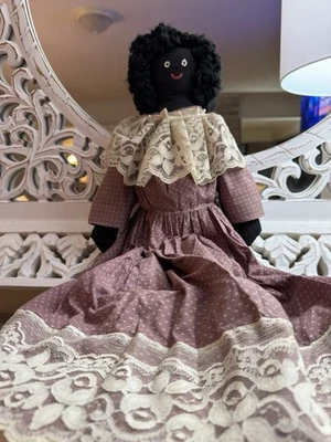 Vintage Handmade Black Cloth Rag Doll 23” Folk Art Primitive Lace Dress SC 1950s - Image 1 of 4
