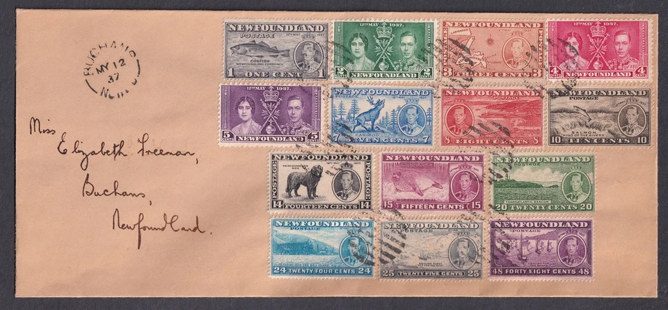 Newfoundland 1937 Sc 230-43  FDC cover to Buchans with both KGVI coronation set - Image 1 of 1