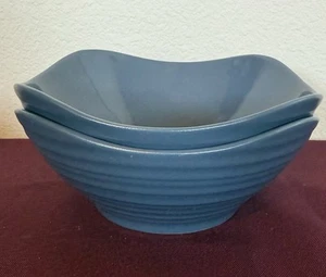 Mikasa Swirl Square Blue Stoneware 6.5" Soup Cereal Bowl Embossed Rings Lot Of 2 - Picture 1 of 5