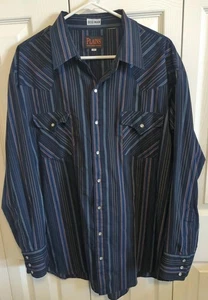 Plains Western Wear Big Man Long Sleeve Pearl Snap 2XL XXL Navy Blue Striped EUC - Picture 1 of 8