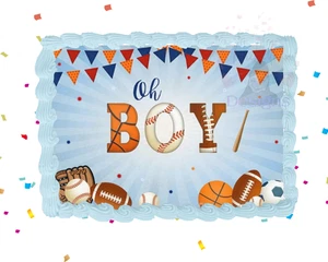 Sports Oh Boy Image Birthday Baby Shower Edible Cup Cake Topper Frosting Sheet - Picture 1 of 2