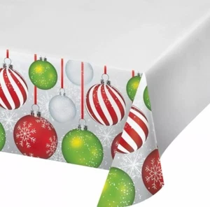 Holiday Ornaments Red Green Silver 54 x 102 Plastic Tablecover Border Print - Picture 1 of 1