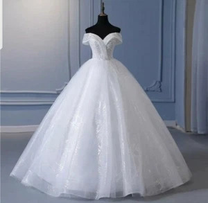 UK New White/Ivory Sequins Bridal Floor Length Off Shoulder Wedding Dress Size 8 - Picture 1 of 5