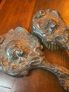 Art Nouveau WOMAN & FLOWERS Antique Silverplate Hand Mirror & Brush Set - Picture 1 of 7