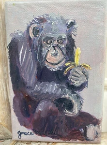 Adorable Small Oil Painting Monkey with Banana by Linda Grace, Alabama 4x6 - Picture 1 of 3